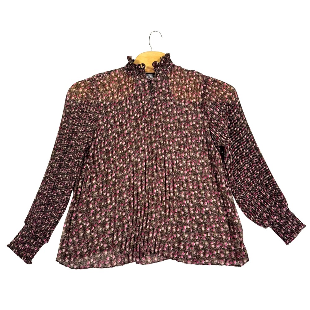 Cabi Womens M Floral Print Pleated Long Sleeve‎ Mock Neck Blouse Top Flowy